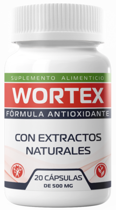 Envase de Wortex, complemento alimenticio de 20 cápsulas